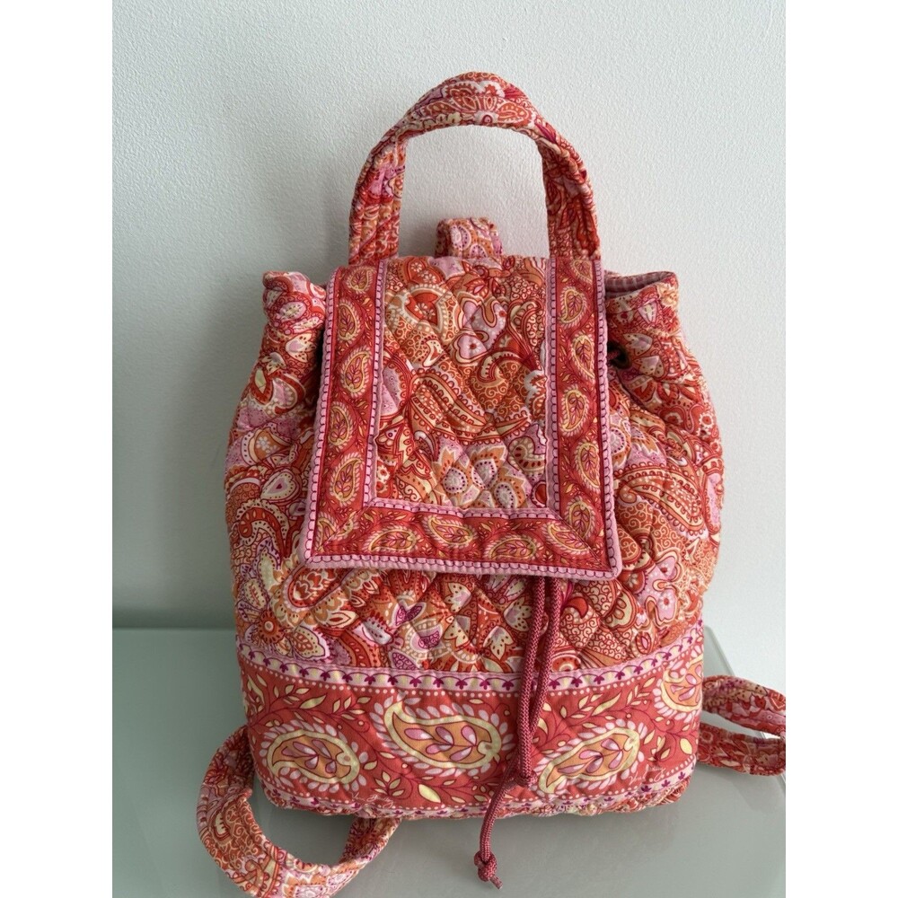 Vera Bradley Quilted Cotton Drawstring Backpack Pink Orange Paisley Floral Bag